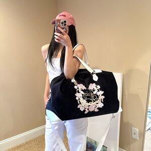 Juicy Couture Black Tote with Pink Floral Embroidery